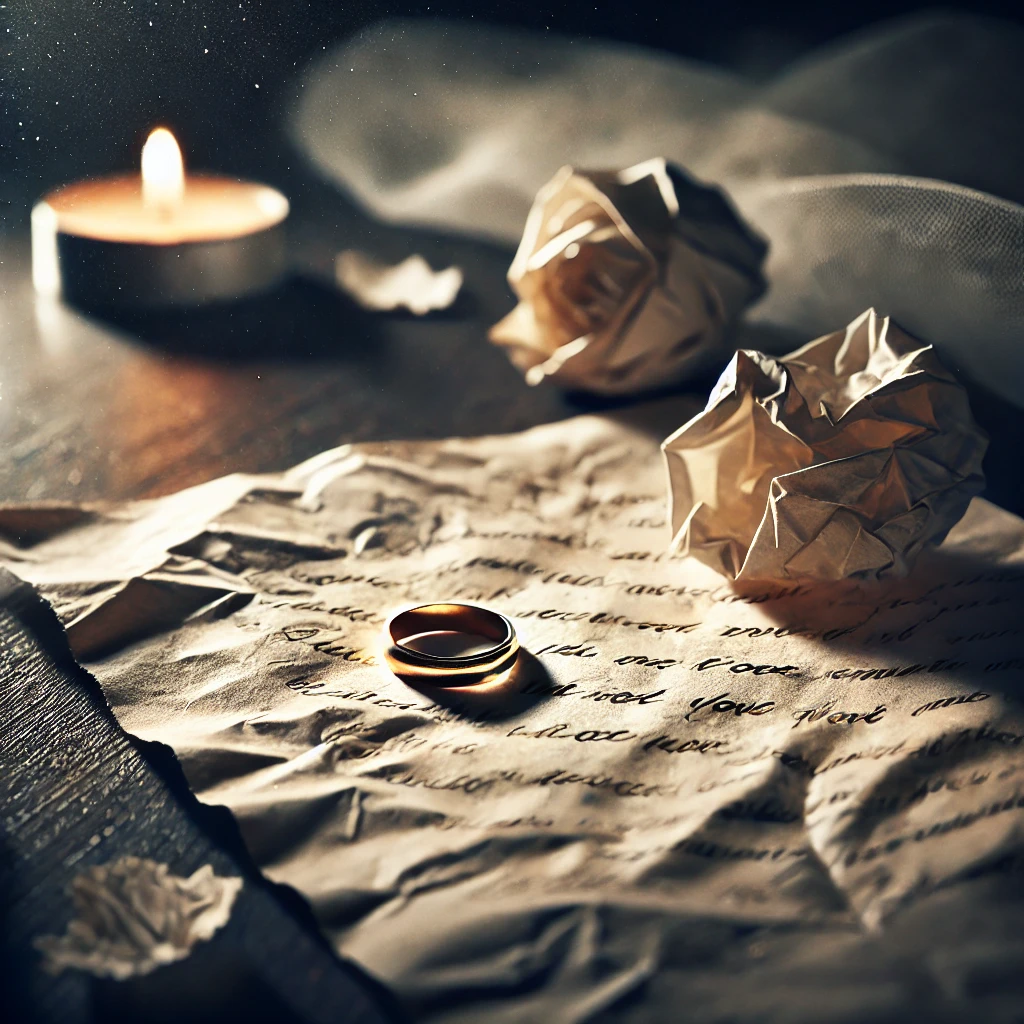 Wedding ring on a crumpled love letter.