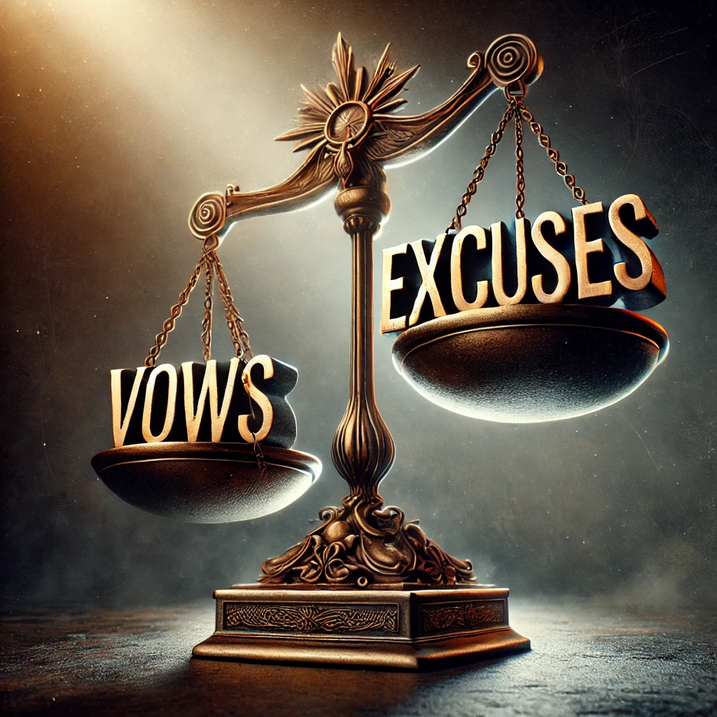Scales of Justice with vows on one side and excuses on the other