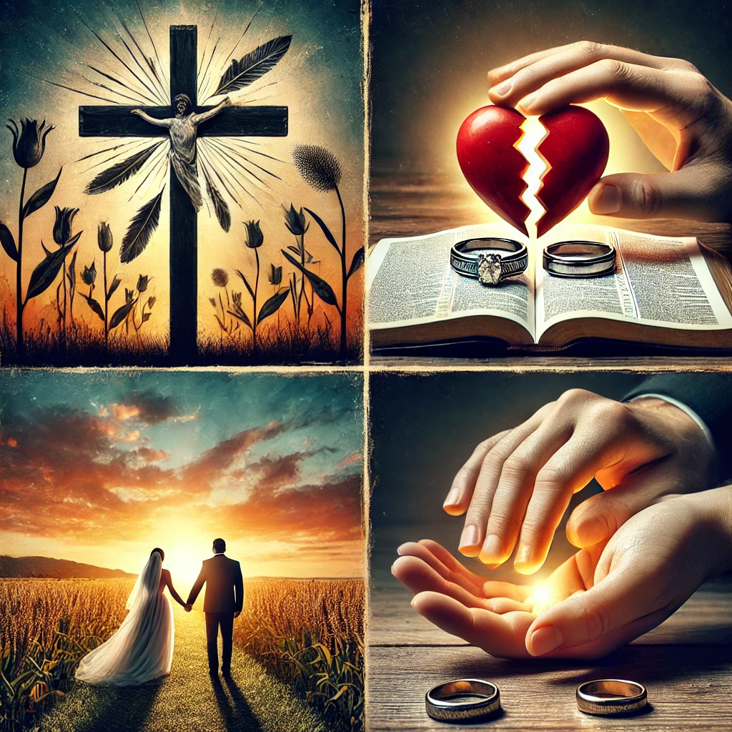 image of a cross, a broken heart above rings on a Bible, a couple with a sunset, and a healing light between two hands next to two rings.